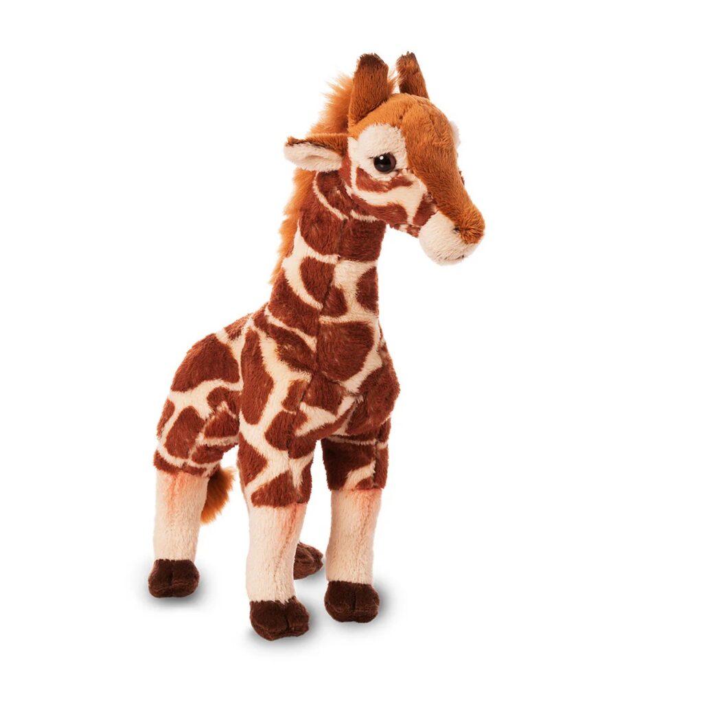 Brown and cream stuffed giraffe standing upright