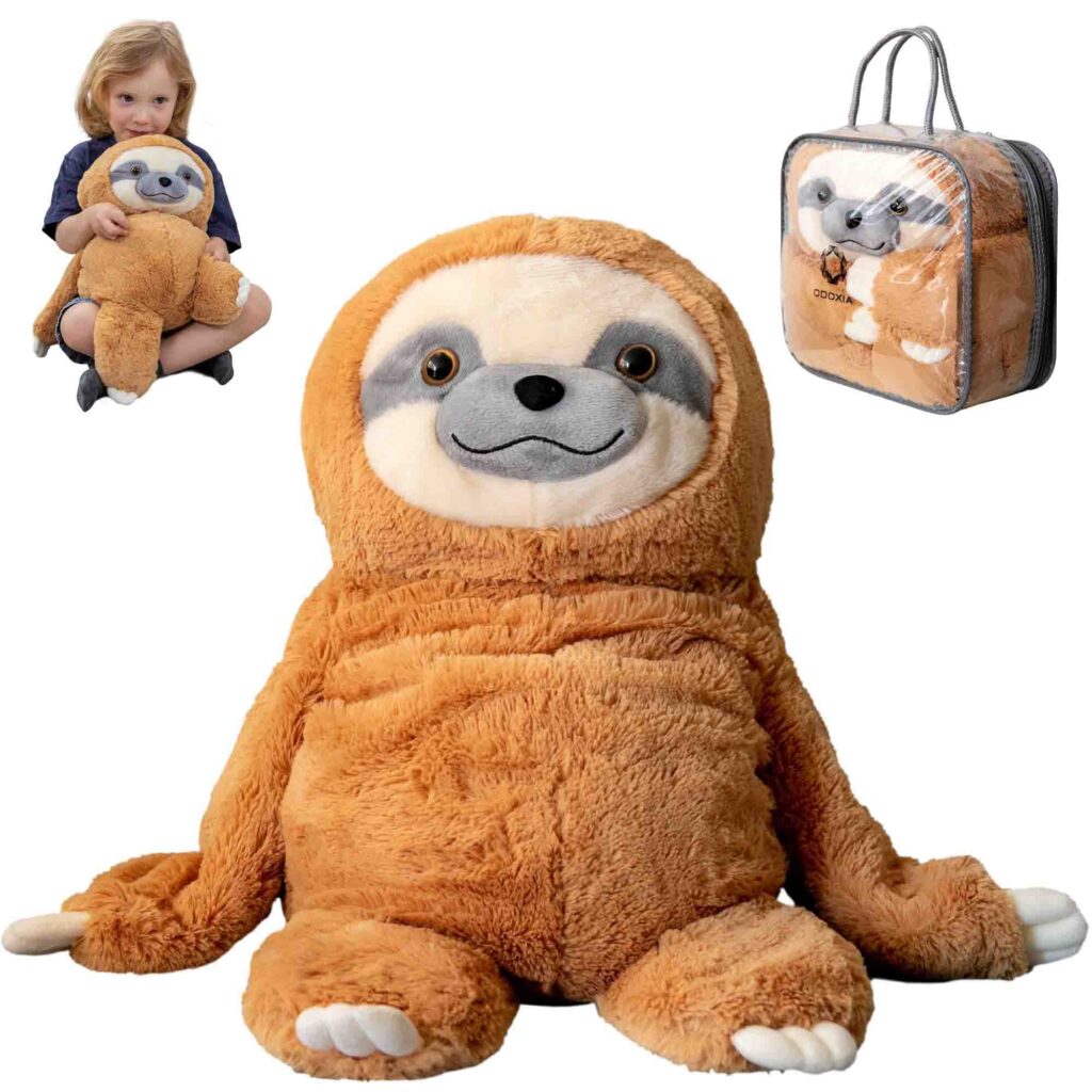 Big sloth stuffed toy with child and bag