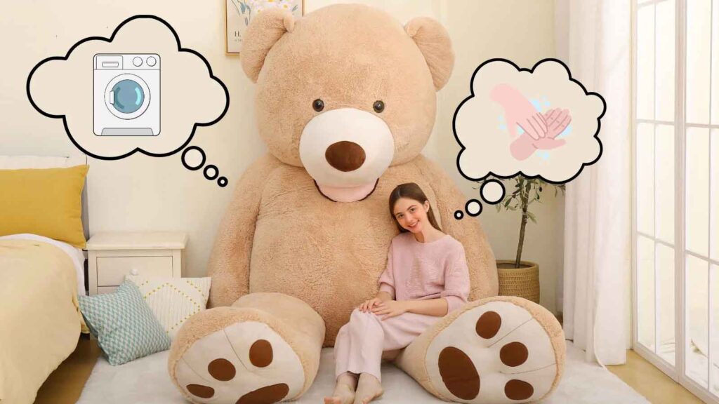 Woman sitting with a giant teddy bear thinking about whether to machine wash or hand wash the plush toy