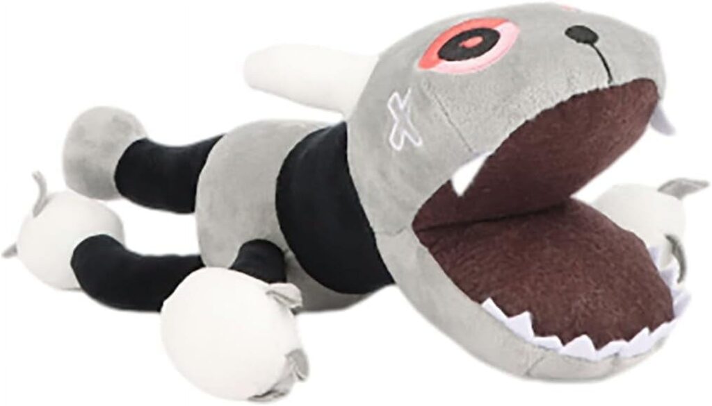 Grey plush toy with large mouth and cartoon eyes