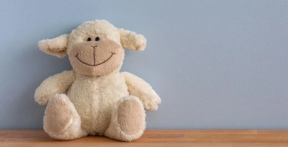 Un morbido peluche color crema con un grande sorriso, seduto su una superficie di legno contro una parete azzurra.