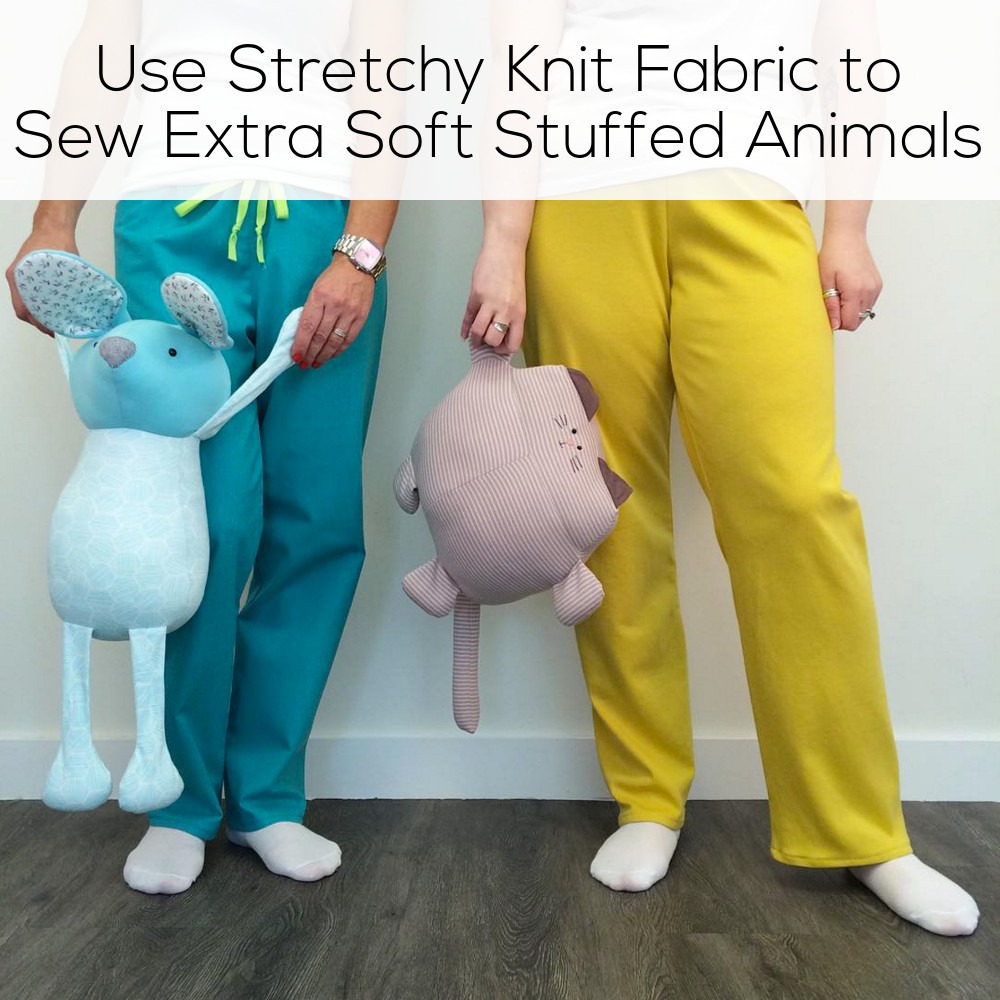 Two people holding extra soft stuffed animals made with stretchy knit fabric, standing side by side in colorful pants.