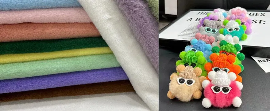 Stack of colorful plush fabrics and multiple fuzzy keychain toys wearing sunglasses