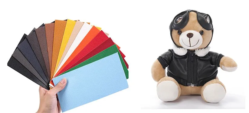 Hand holding colorful faux leather samples and a plush bear wearing aviator jacket and goggles