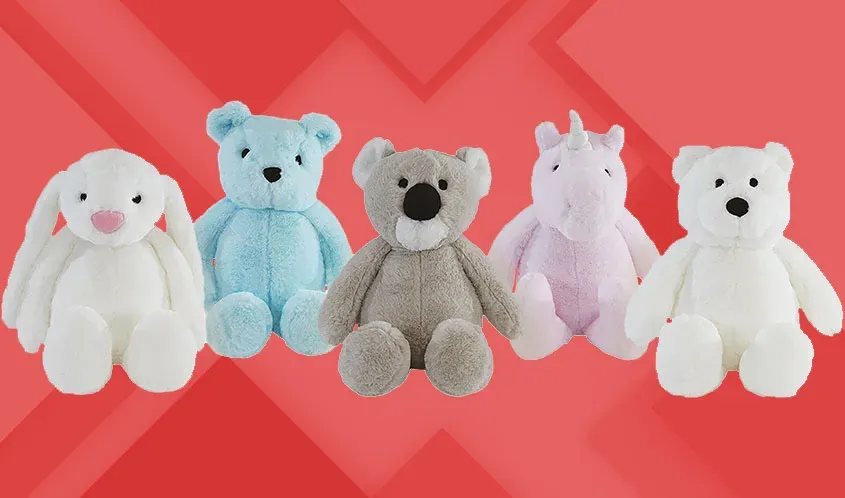 Five colorful stuffed animals including bunny, bear, koala, unicorn, and polar bear.