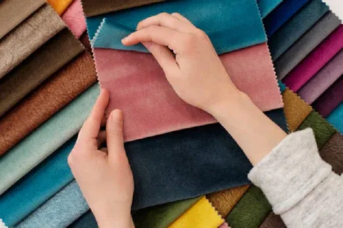 Hands holding and touching various colorful fabric samples arranged in rows