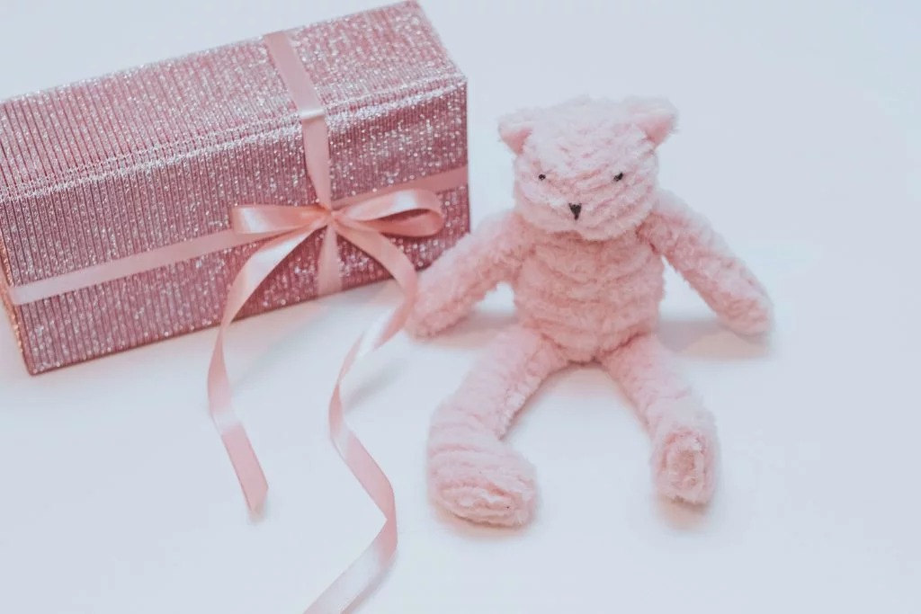 Zachtroze knuffel kat naast fonkelende cadeaudoos met lint.