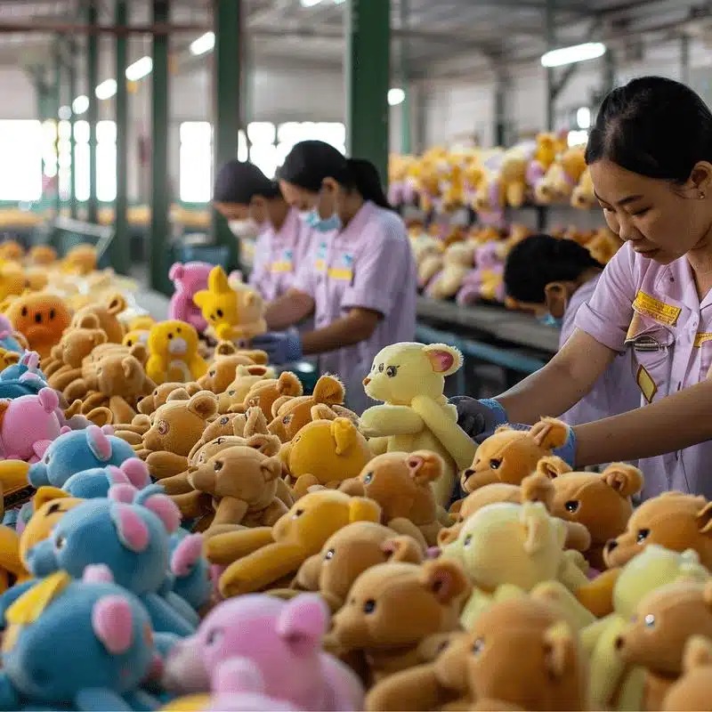 Des ouvriers inspectent des peluches colorées sur la chaîne de montage d'une usine.