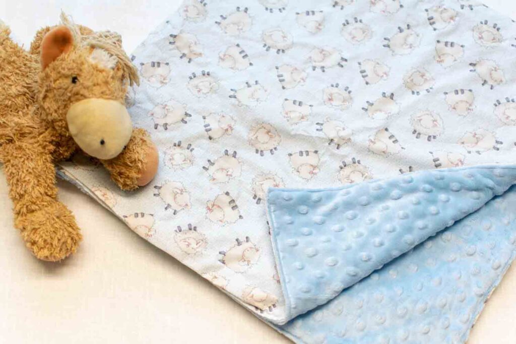 Soft minky dot baby blanket with plush toy.
