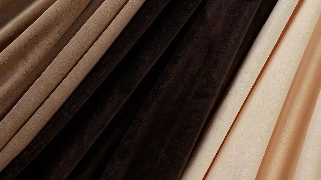 Uma seleção de tecidos de veludo macio em vários tons de castanho, bege e creme, elegantemente drapeados.