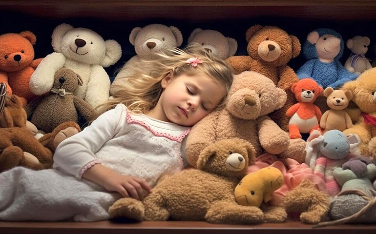 Girl sleeping among soft teddy bears