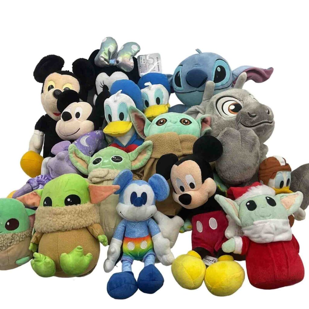 Various plush toys including Mickey and Baby Yoda