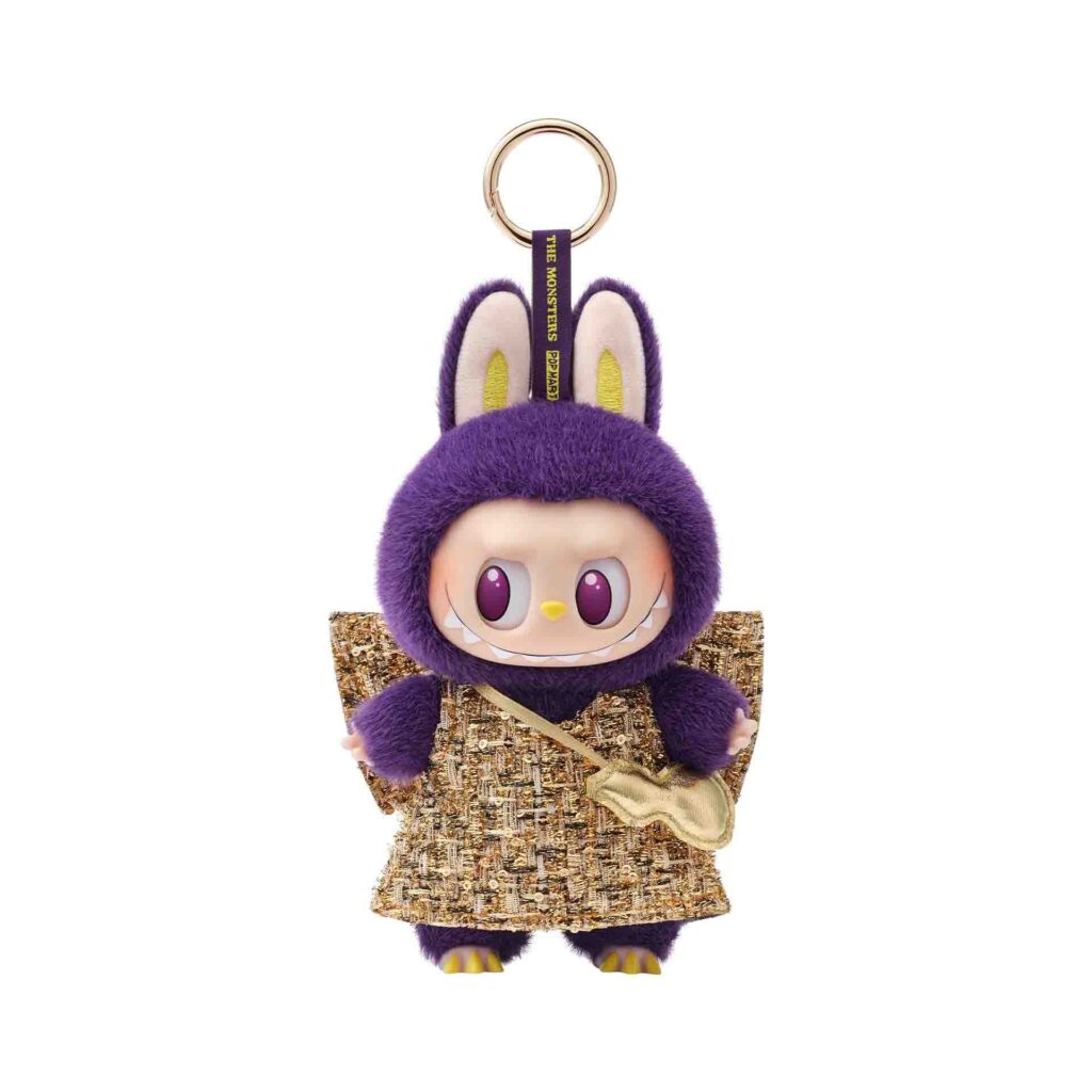 Porte-clés en peluche Labubu violet avec tenue dorée