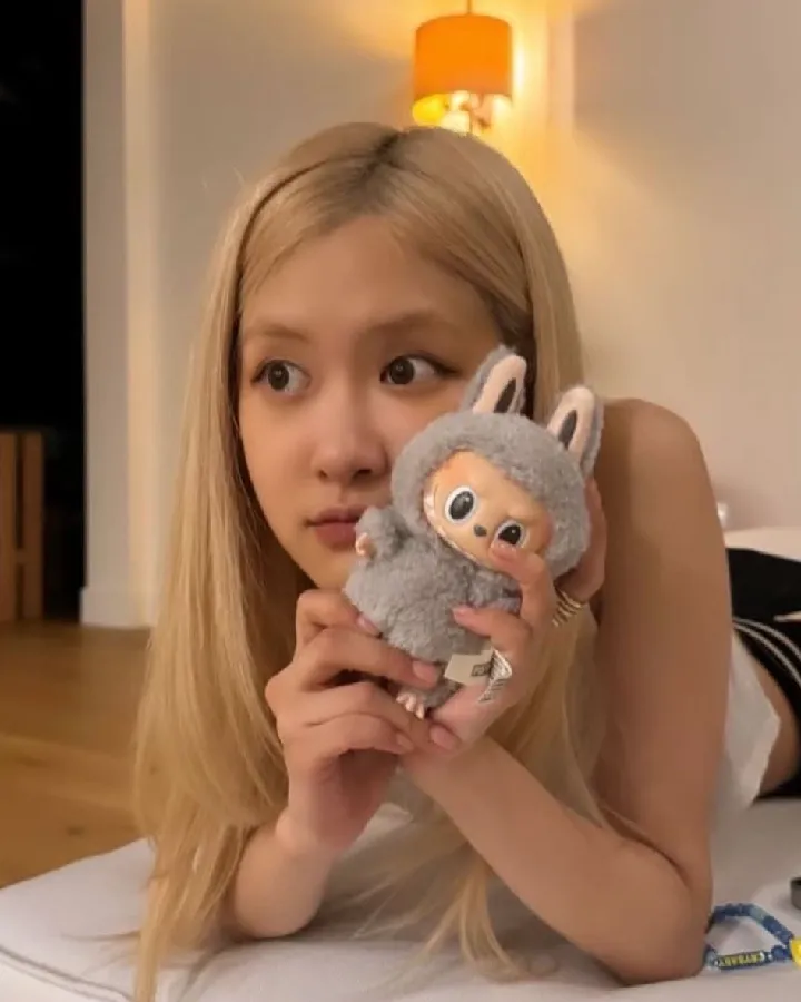 Fille tenant une peluche Labubu grise