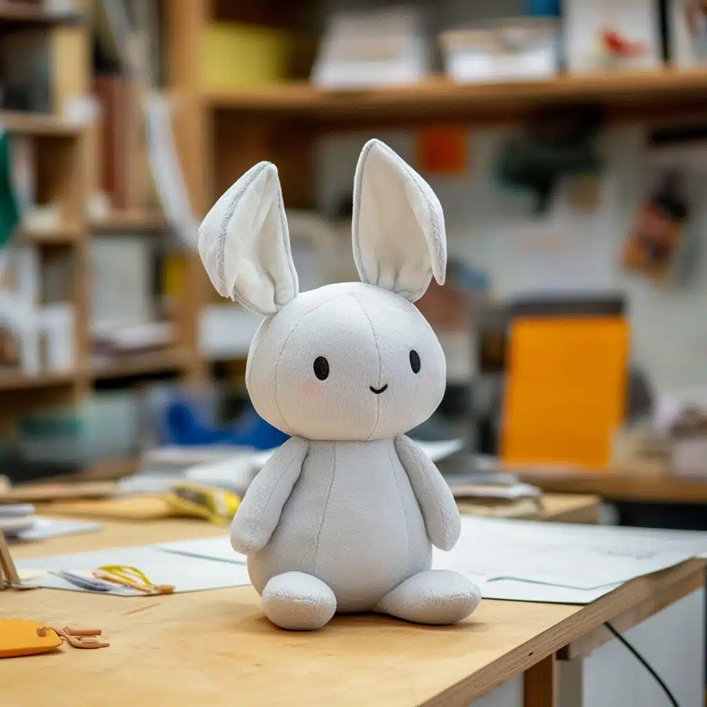 Cute white plush bunny toy with long ears sitting on a wooden table, soft stuffed animal in a craft studio or workshop, handmade rabbit doll with simple stitched face, creative toy-making environment with supplies in background, custom plush design.