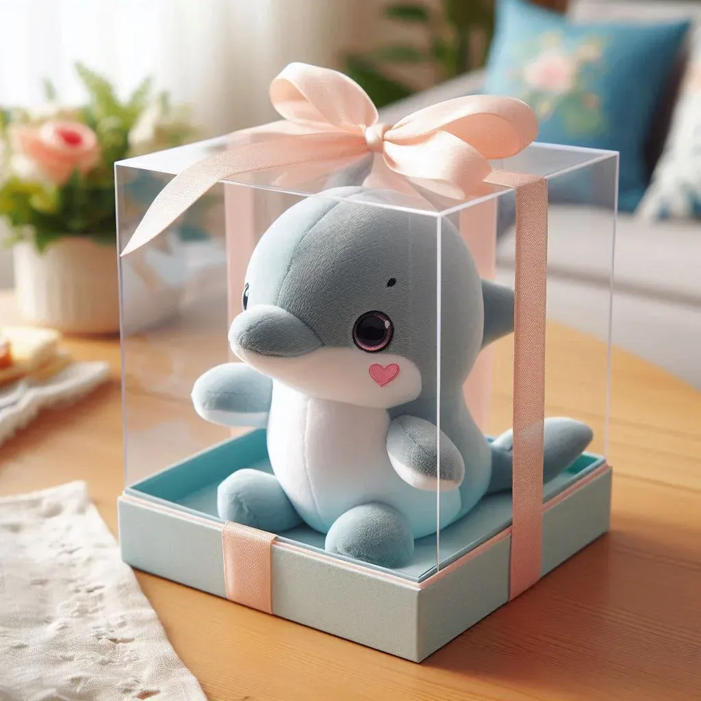 Blue dolphin plush in clear gift box with pink ribbon.
