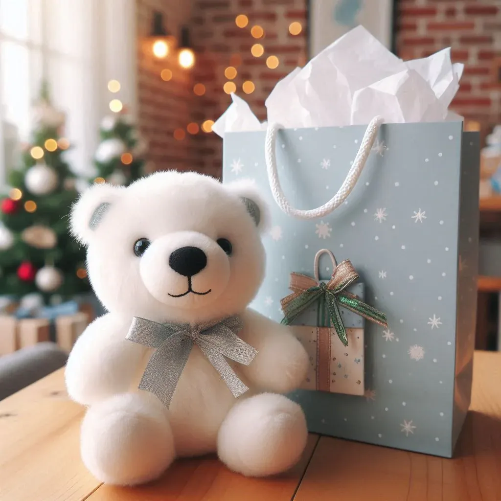 White plush bear with silver bow next to blue gift bag.