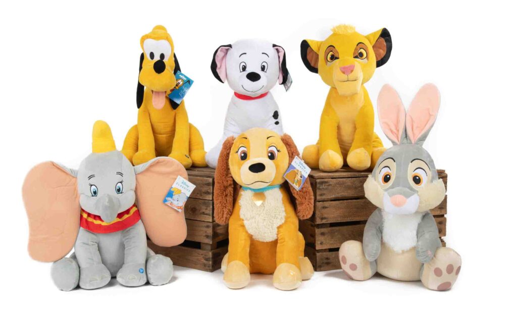 Plush toys of Disney characters like Dumbo and Simba