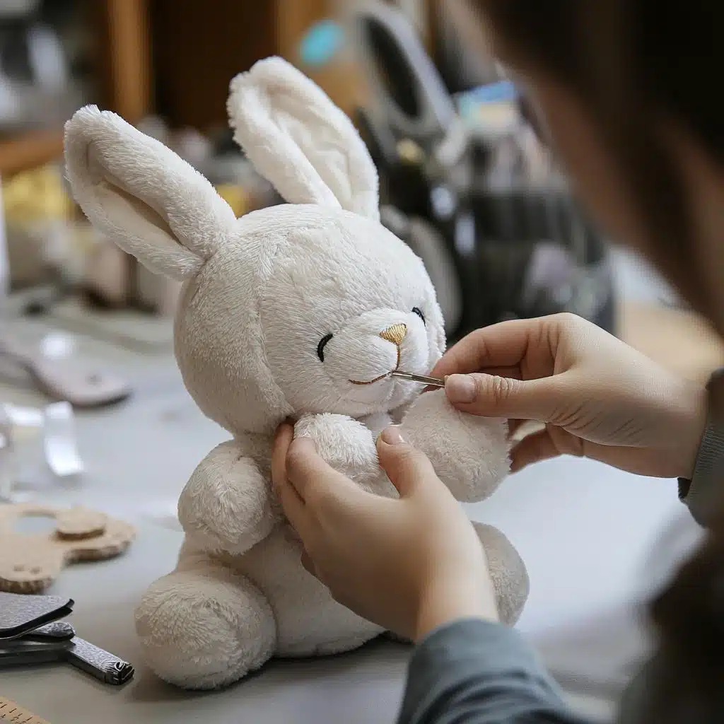 Person stitching facial details on a soft plush bunny toy, handmade stuffed animal in progress, sewing nose and smile with precision, toy-making workspace with tools, detailed craftsmanship in plush production, cute white bunny design, artisanal toy creation.