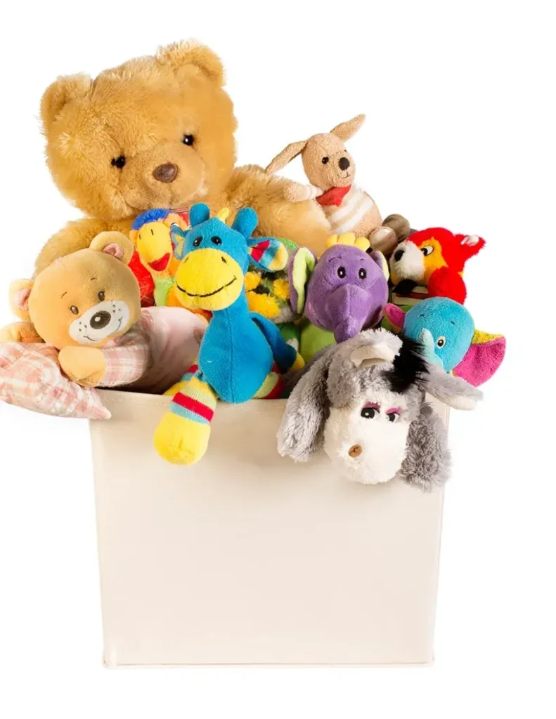 Assorted colorful plush toys in a white container