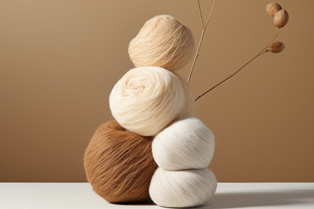 Stack of soft yarn balls in neutral tones including cream, beige, and brown, arranged artistically on a white surface against a warm tan background, natural fiber textures, minimalist craft materials, dried plant accent beside yarn stack.