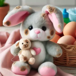 Gray and pink bunny plush toy holding a small teddy bear with visible wear marks.