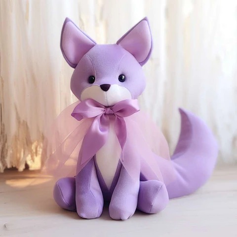 Elegant purple fox stuffed toy with ribbon