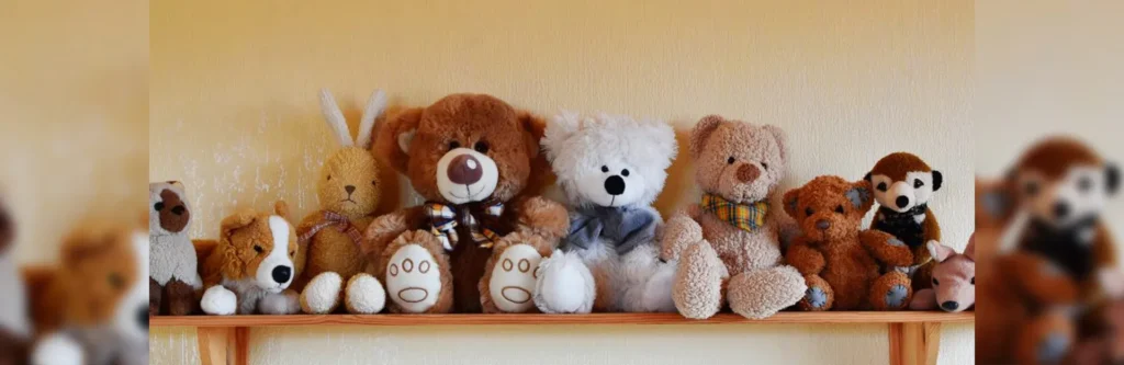 Stuffed animals lined up neatly on a wooden shelf against a yellow wall.