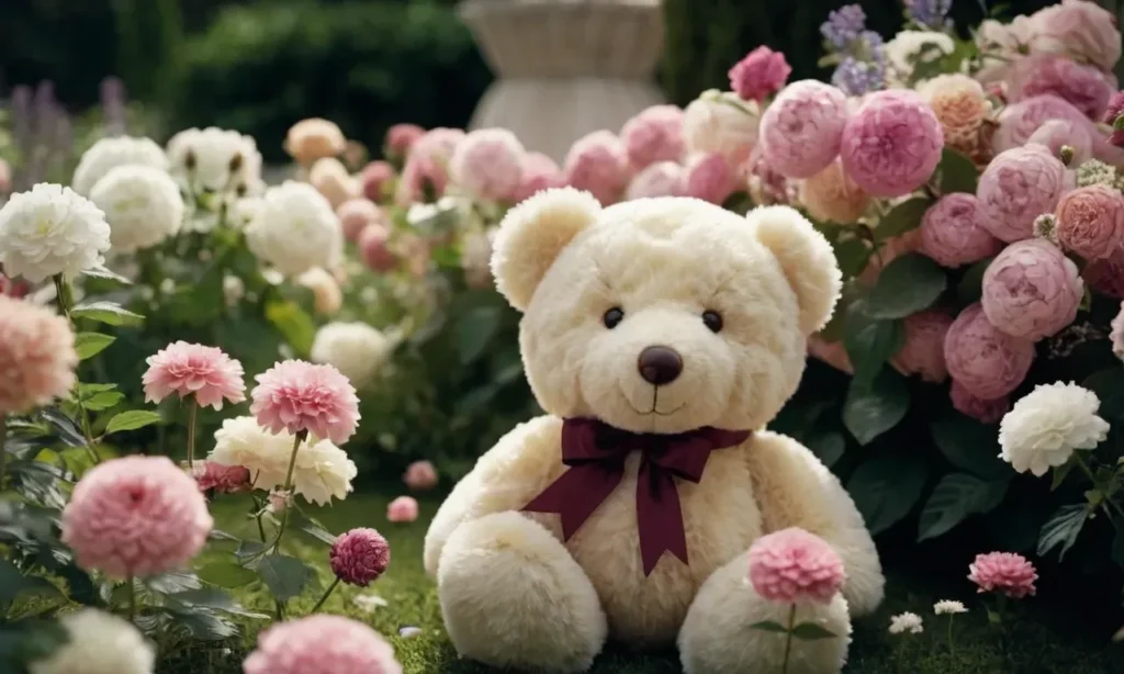 Cream-colored teddy bear with a maroon bow sitting among blooming pink and white roses in a lush garden, soft plush toy surrounded by vibrant flowers, whimsical outdoor setting with greenery.