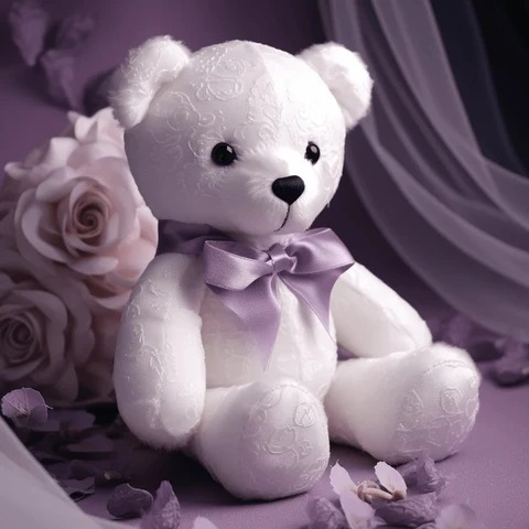 Elegant white teddy bear with purple ribbon