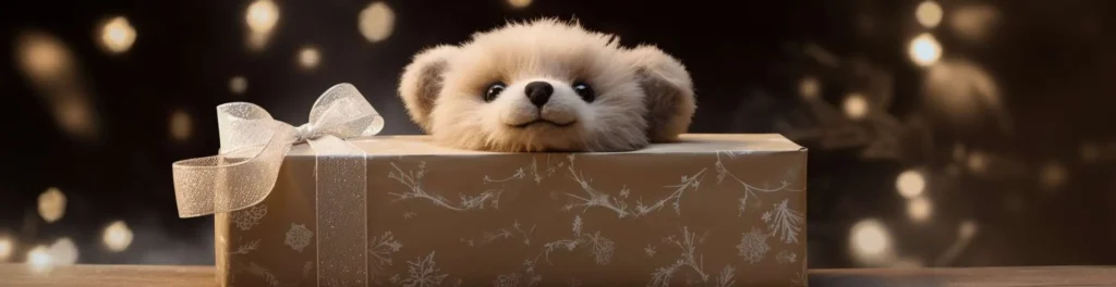 Plush teddy bear peeking out of wrapped gift box with bow.