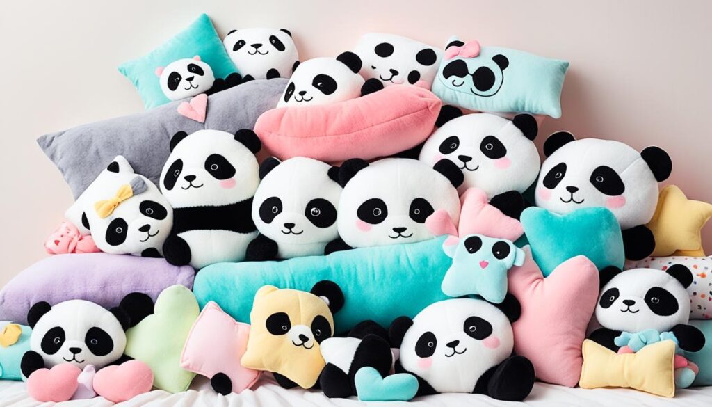 Colorful panda plush toys and pillows on couch