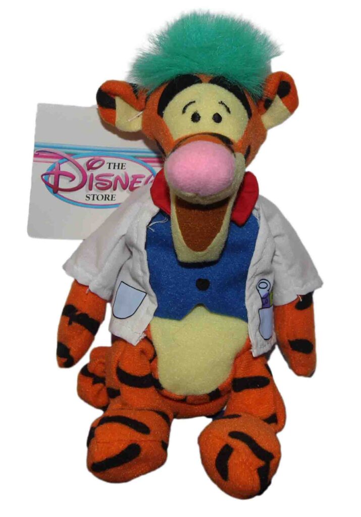 Disney Tigger plush toy with green hair and lab coat