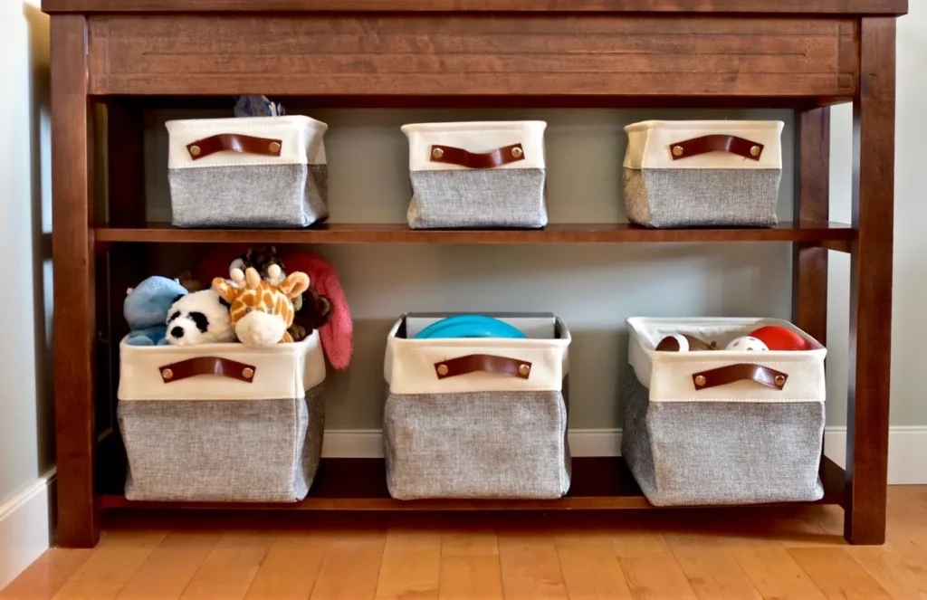 Gray and white fabric bins with leather handles storing toys under wooden table.