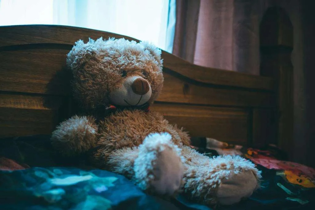 Fluffy teddy bear resting on a bed in soft light.