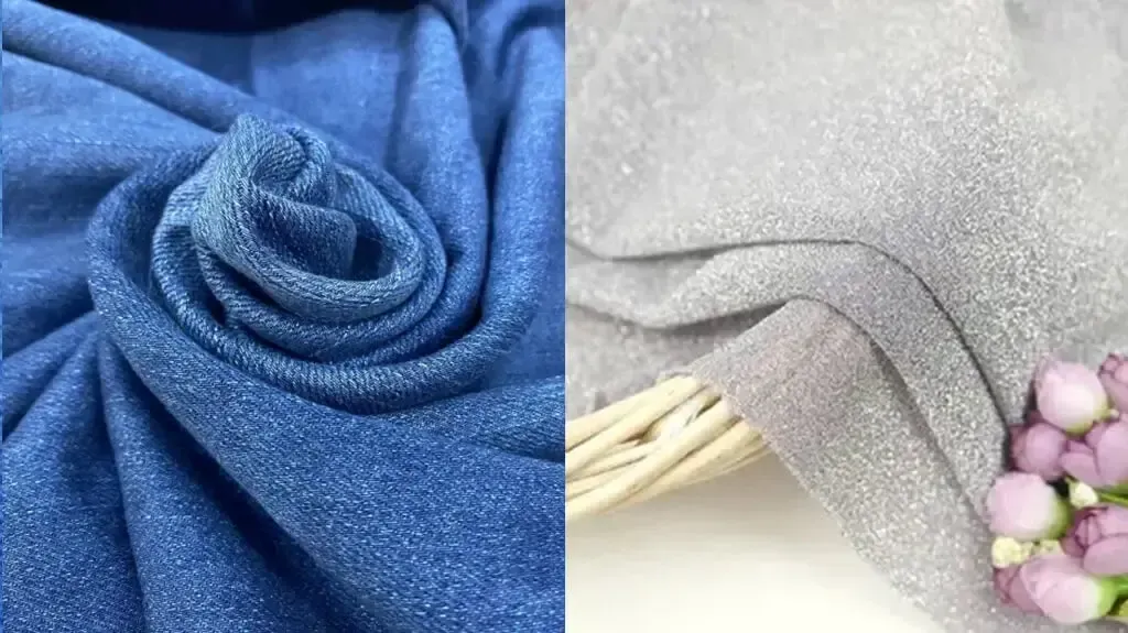 Blue soft fabric swirl next to grey textured fabric with flowers.