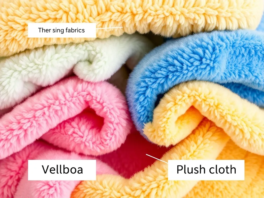 Colorful plush and vellboa fabrics stacked and folded closely.