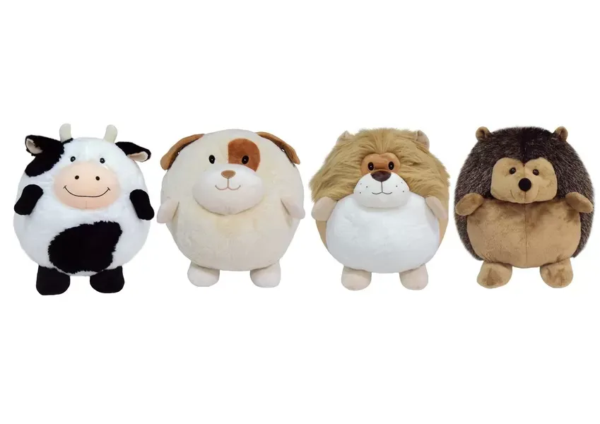 Four round plush animal toys including cow, dog, lion, and hedgehog.