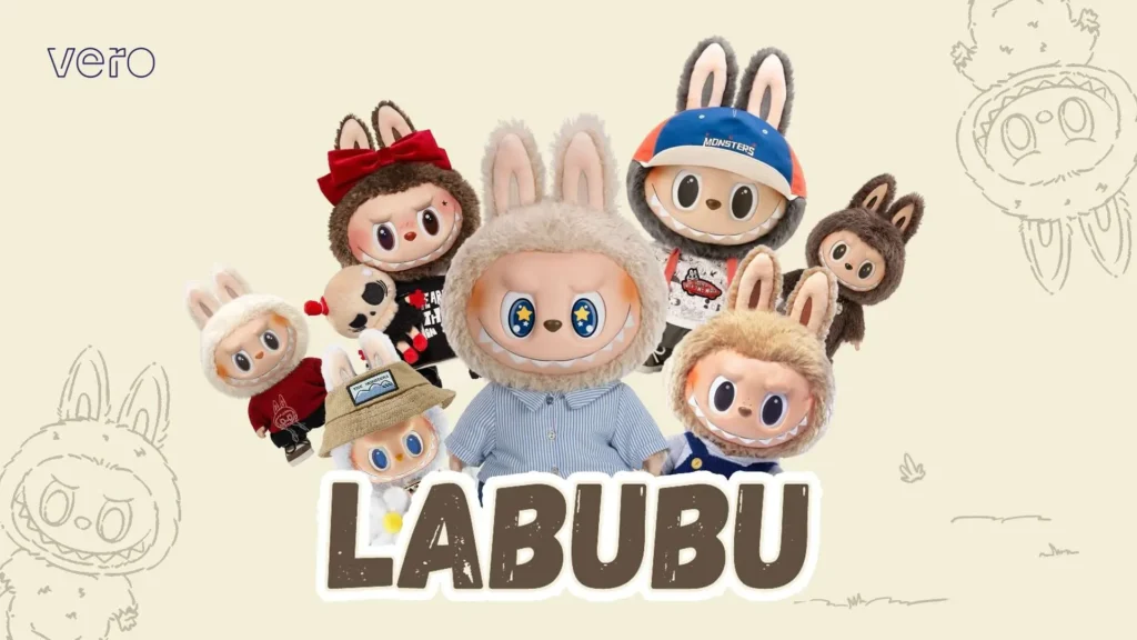 Group of Labubu plush toys in various outfits.