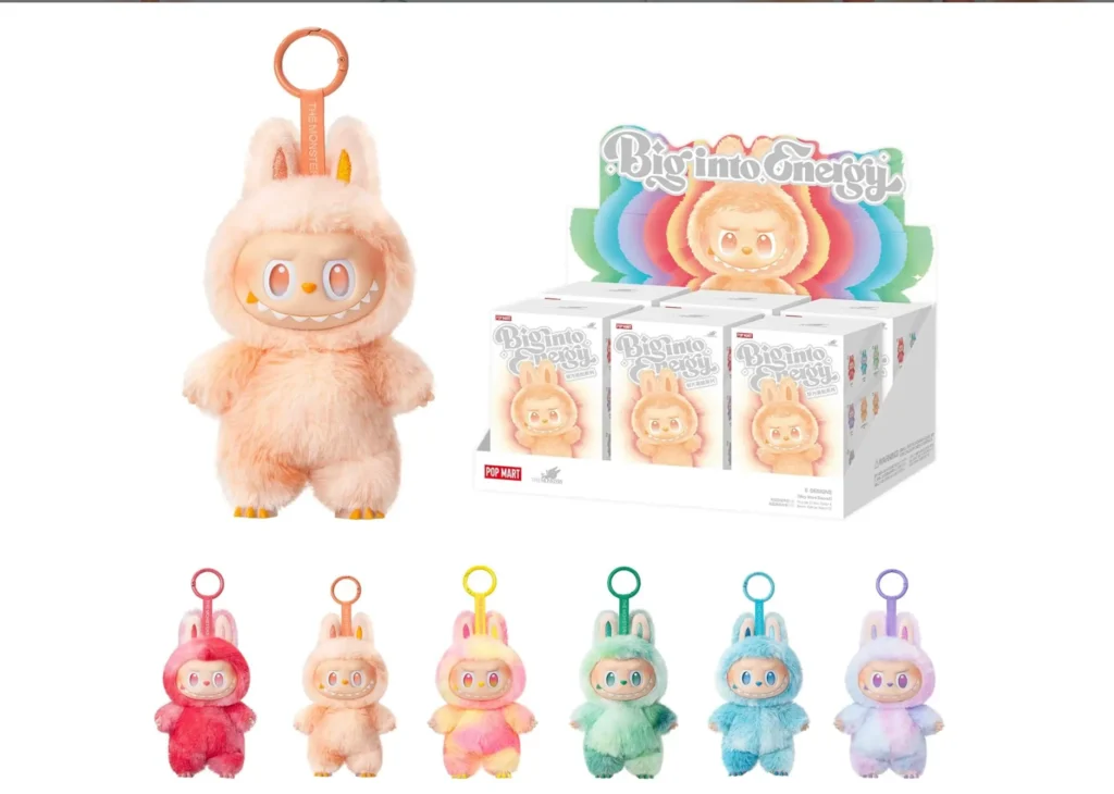Labubu plush keychains in various colors with packaging display.