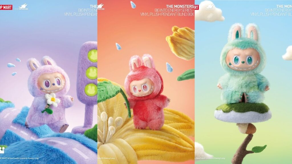 Trois peluches Labubu sur fond de fantaisie