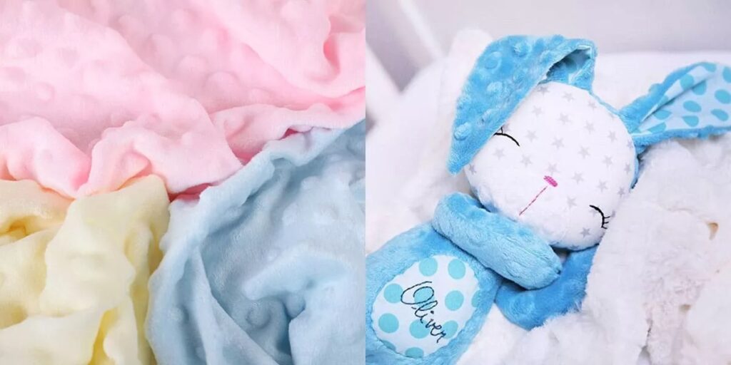Soft pastel minky fabric with blue plush bunny toy named Oliver.