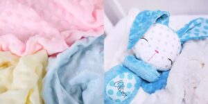 Soft pastel minky fabric with blue plush bunny toy named Oliver.