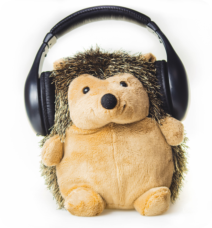 Cute hedgehog plush toy wearing headphones
