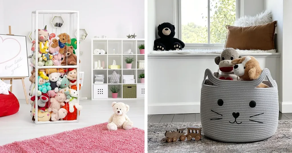 Stuffed animals stored in cages and cute fabric baskets in a bright playroom.