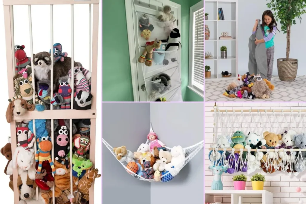 Various stuffed animals organized in cages, nets, bags, and shelves for easy storage.