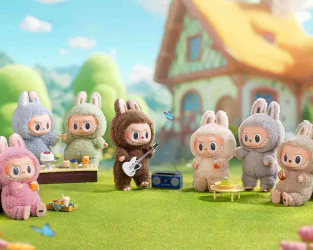 Peluches Labubu en train de pique-niquer dans un jardin