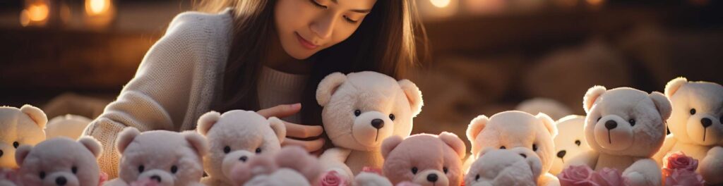 Woman surrounded by plush teddy bears with roses