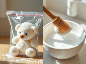 Teddy bear in bag with cleaning brush and foam
