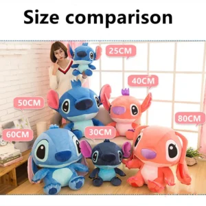 Woman posing with various sizes of colorful Stitch plush toys labeled with measurements.